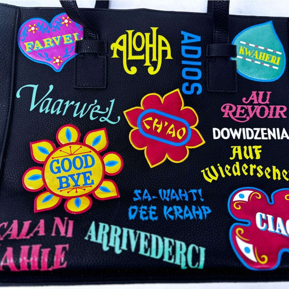 Danielle Nicole Disney It’s a Small World Black Tote with Colorful Patches - Picture 5 of 11